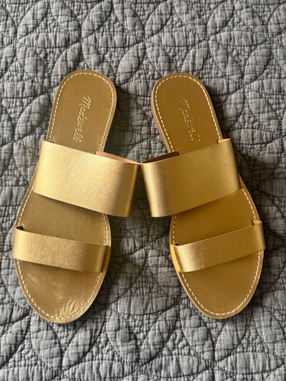 New‎ Womens Madewell The Boardwalk Double-Strap Gold Leather Sandals